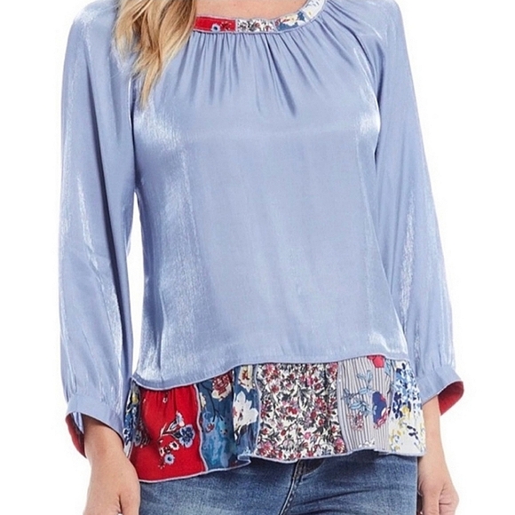 John Mark Women’s Blue Haze Satin French Blue Patchwork Peasant Top 3X boho - Picture 1 of 10